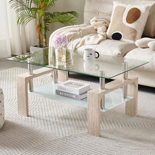 Living Room Rectangle Coffee Table, Tea Table Suitable for Waiting Room, Modern Side Coffee Table with Wooden Leg, Glass Tabletop with Lower Shelf (Yellow Travertine) - color: Yellow Travertine