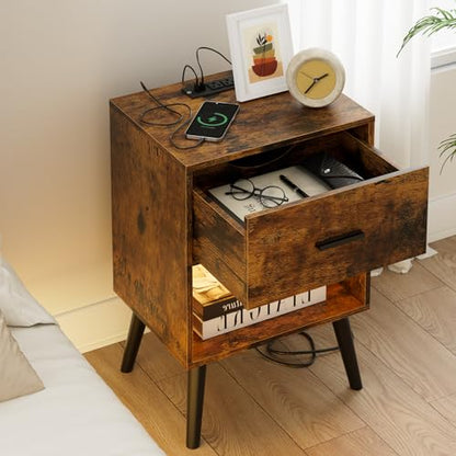 Aienvey Nightstand with Charging Station and LED Lights, Rustic Brown | Small Side Table, Bedside Table with Drawer, Modern Night Stand with Light/Power Strip, End Table for Bedroom, Living Room - color: Rustic Brown