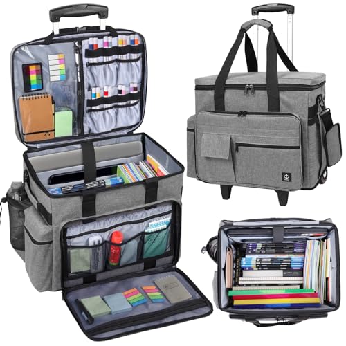 Rolling Teacher Bag Built-in Hard Support Board, Rolling Briefcase with Detachable Trolley, Rolling bag with Laptop compartment, Adjustable Shoulder Strap, and Ample Storage Space - color: Grey