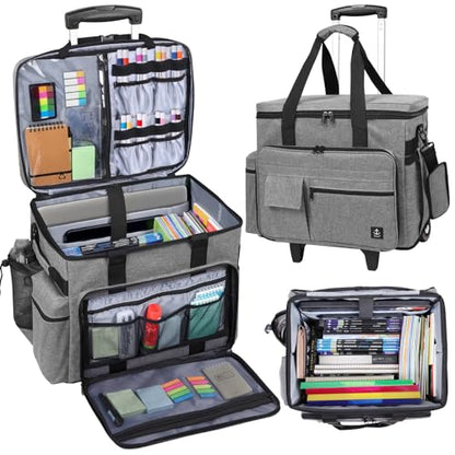 Rolling Teacher Bag Built-in Hard Support Board, Rolling Briefcase with Detachable Trolley, Rolling bag with Laptop compartment, Adjustable Shoulder Strap, and Ample Storage Space - color: Grey