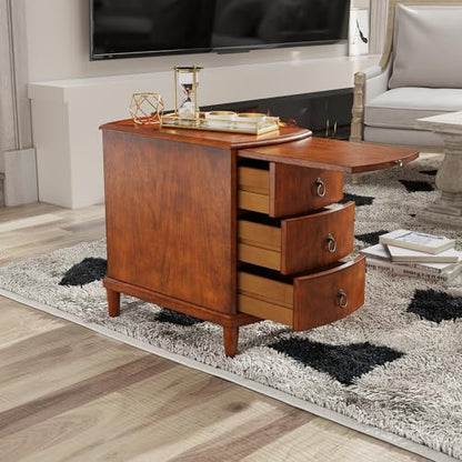 Solid Wood End Table with 3 Drawers and Slide-Out Coffee Tray | Cherry Red American Beside Table, Sofa Chair Side Table Nightstand for Living Room Bedroom, Rustic Wood Grain Accent Table - size: 22.6" Wood End Table