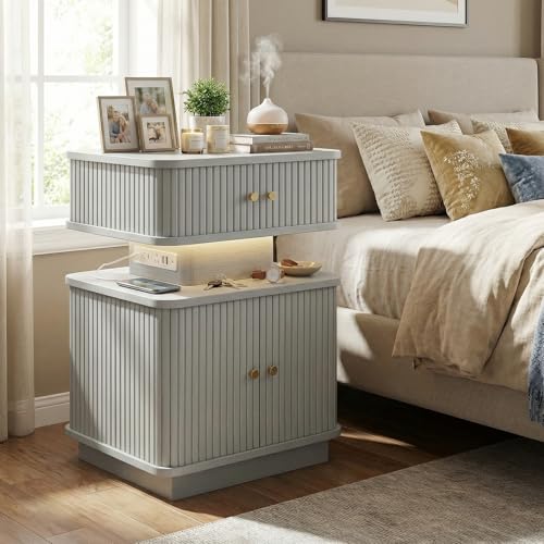 Nightstand with Charging Station, Modern Night Stand with Smart Led Light and 2 Small Sliding Door Cabinets, Curvy Edge, Bedside Table for Bedroom, Grey - color: Grey