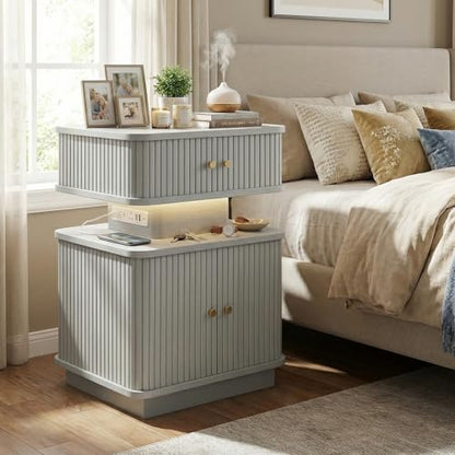 Nightstand with Charging Station, Modern Night Stand with Smart Led Light and 2 Small Sliding Door Cabinets, Curvy Edge, Bedside Table for Bedroom, Grey - color: Grey