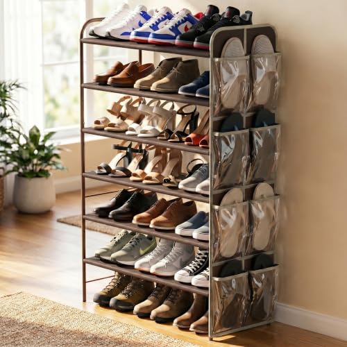 Simple Houseware 6-Tier Shoe Rack Storage Organizer w/Side Hanging Bag, Bronze - color: Bronze