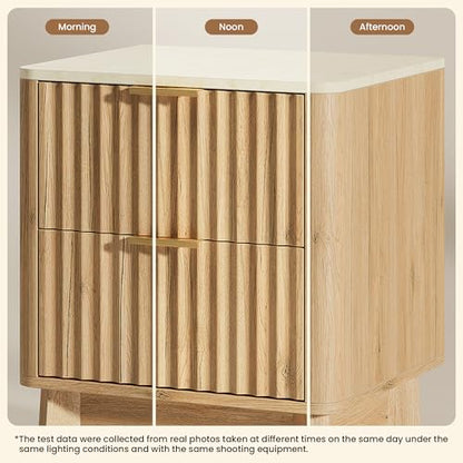 Fluted Nightstand Set of 2,Modern End Table with Faux Marble Top,2 Storage Drawers Side Table,Bedside Table for Bedroom, Living Room,Curved Profile Design Furnitue,Natural Oak - color: 2pcs_oak
