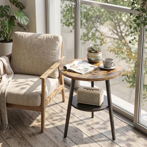 Small Round Side Table, End Tables Living Room, Rustic Brown | 2-Tier Side Table with Storage Shelf for Small Spaces, Bedside Accent Table for Living Room, Bedroom, Metal Frame & Wood Top - color: Rustic Brown
