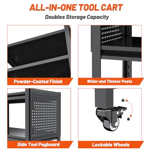 3 Tier Tool Cart on Wheels, Heavy Duty Metal Service Cart with Pegboards, 660 LBS Load Capacity Tool Utility Cart, Industrial Utility for Garage, Warehouse, Workshop - size: 13.8"D x 32.7"W x 33.5"H