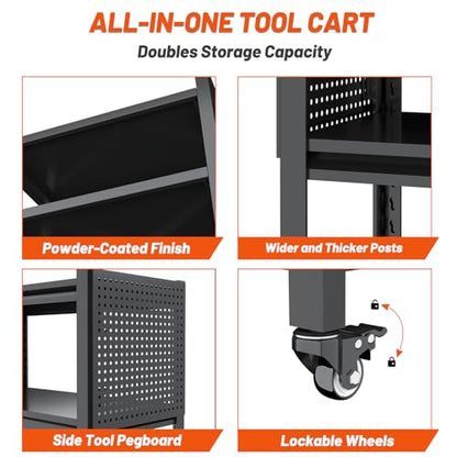 3 Tier Tool Cart on Wheels, Heavy Duty Metal Service Cart with Pegboards, 660 LBS Load Capacity Tool Utility Cart, Industrial Utility for Garage, Warehouse, Workshop - size: 13.8"D x 32.7"W x 33.5"H