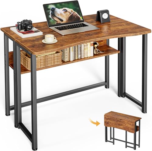 Huuger Folding Desk with Storage Shelf, 31.5 Inch Foldable Computer Table for Small Spaces, Space Saving Sofa Table for Couch, Writing Work Office Computer Desk, Easy to Fold, Rustic Brown - color: Rustic Brown, size: 18.5"D x 31.5"W