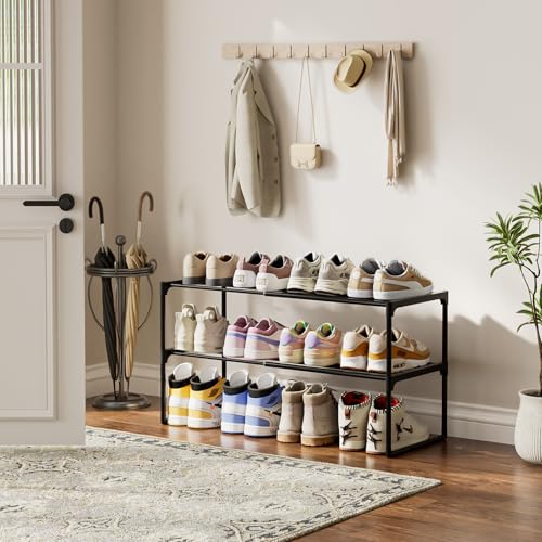 HAIXIN Expandable Shoe Rack, 2 Tier Adjustable Shoe Organizer | Stretch to Fit Your Space, Upright and Upside Down, Stack Multiple Sets, No-Tool Assembly, Fit Tight Closet, Entryway, Strudy - size: 2 Tier