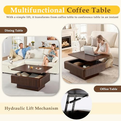 Lift Coffee Table with Hidden Storage & Adjustable Height, 38.6" Modern Fluted RGB LED Center Table with Charging Station, Wooden Accent Tea Table for Living Room & Small Apartment (Oblong) - size: Oblong