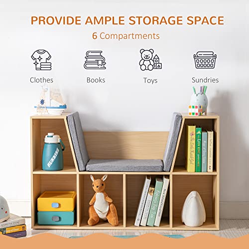 HOMCOM 6-Cubby Kids Bookcase with Reading Nook and Cushion, Multi-Purpose Storage Organizer for Bedroom, Living Room, Natural - color: Natural Wood