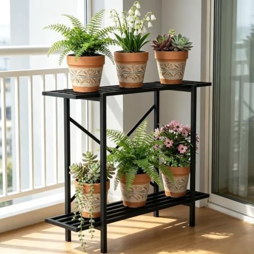 Zhongma 2 Tier Window Height Metal Sturdy Heavy Plant Stand, Narrow Plant Stand Indoor and Outdoor, L35.43 x W10.3 x H27.5 inch, 440 LBS Capacity & Heavy Duty Construction