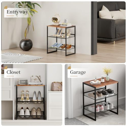 3 Tier Metal Shoe Rack, Sturdy Steel Frame with Rust-Proof Coating, MDF Top, Adjustable Flat Inclined Mesh Shelves, Anti-Tip Scratch-Resistant Feet, Sleek Show Rack for Entryway, Hallway, Garage - size: 3 Tier (16.5″x11.8″x19.8″)
