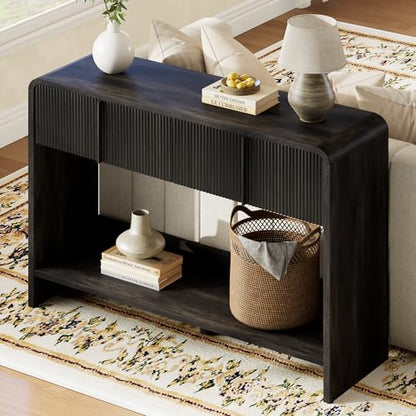 AMERLIFE 45" Fluted Entryway Console Table with 2 Drawers and Open Shelf | Modern Entryway Table with Rounded Edges, Wood Sofa Table for Hallway, Foyer, Behind Couch, Living Room, Black - color: Black - Fluted Panel, size: 45"