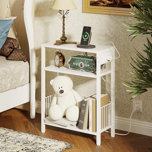TRIFEBLE Narrow Side Table with Charging Station, Small End Table for Small Spaces, Slim Nightstand with Storage Basket, 3 Tier Skinny Bedside Table for Living Room, Bedroom, White - color: White, style: With Basket & Power