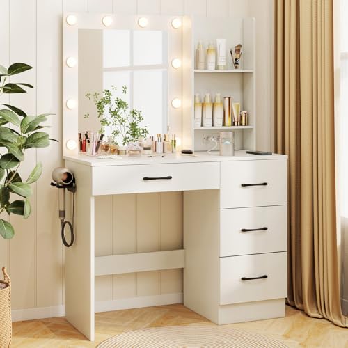 CHARMAID Vanity Desk with Mirror and Lights, White Makeup Vanity Desk with 4 Large Drawers, 2 Storage Shelves, Charging Station, 3-Color Lights Adjustable, Modern Dressing Table for Bedroom - color: White, size: 37"W (Table Only)