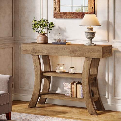 Tribesigns 41" Small Console Table for Entryway, 3-Tier Narrow Rustic Sofa Table with Storage Shelves and Curved Frame for Living Room, Entry, Hallway, Foyer (Oak Brown)