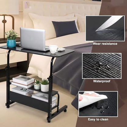Rolling Adjustable Height Laptop Desk Black 2-Tier Storage Workstation | 28-40in Height Adjustment,Rolling Casters,2-Tier Storage Shelves,Waterproof Tabletop,Black Over Bed Home Office Desk - color: Black
