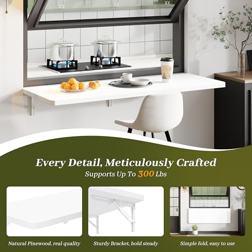 Dogsky 48" x 16" Floating Wall Desk, Fold Down Wall Table - 300 lbs Heavy Duty Solid Pine Wall Mount Folding Desk for Home Office, Laundry Room, Kitchen & Small Apartment, White - color: White, size: 48'' x 15.7'' x 8.3''