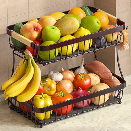 Sevenblue 2-Tier Fruit Basket with Banana Hangers, Detachable Metal Bowl | Wooden handle, protective mats included. Versatile holder for bread, snacks, and veggies. Extra Large 2 tier metal design. - color: Brown, size: 2 Tier Extra Large