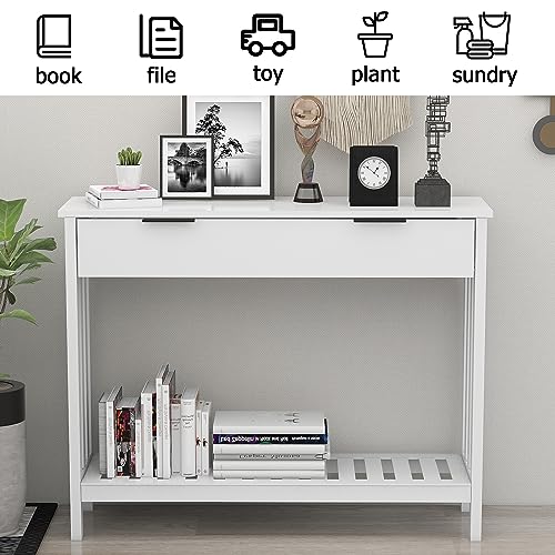 TaoHFE White Narrow Console Table with Drawer Storage Shelf, Modern Wooden Entryway Sofa Table, 39 Inch Slim Behind Couch Table, Side Display Console Table for Living Room,Office,White - color: White