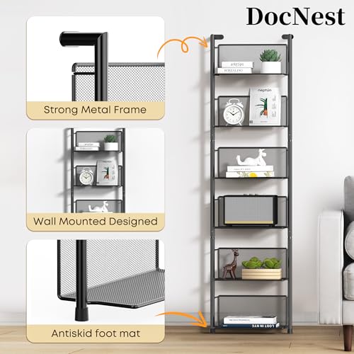 Docnest 6 Tier Ladder Shelf Wall Mounted, 47.6 Inch Metal Bookshelf Organizer, Modern Floating Shelves for Plants Books Home Decor, Black