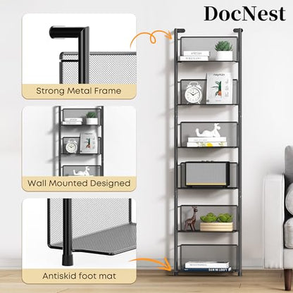 Docnest 6 Tier Ladder Shelf Wall Mounted, 47.6 Inch Metal Bookshelf Organizer, Modern Floating Shelves for Plants Books Home Decor, Black