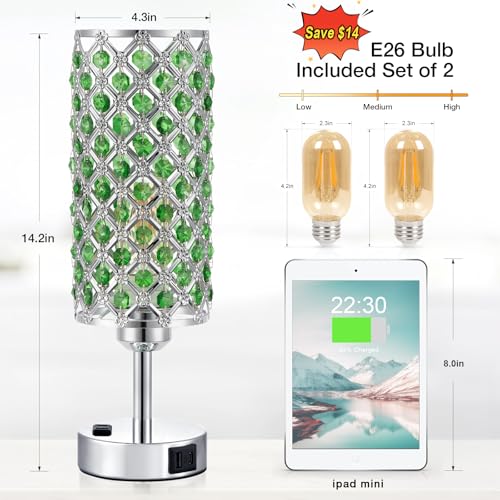 Hong-in Green Crystal Lamp Touch Control Set of 2, Crystal Table Lamps with USB C+A Ports & AC Outlet, 3-Way Dimmable Nightstand Touch Lamp, Modern Bedside Table Lamp for Bedroom(Bulbs Included) - color: Green