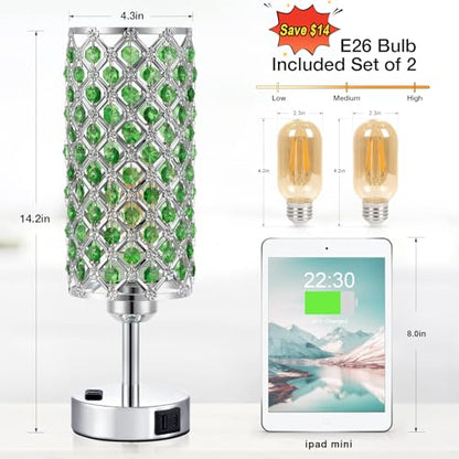 Hong-in Green Crystal Lamp Touch Control Set of 2, Crystal Table Lamps with USB C+A Ports & AC Outlet, 3-Way Dimmable Nightstand Touch Lamp, Modern Bedside Table Lamp for Bedroom(Bulbs Included) - color: Green