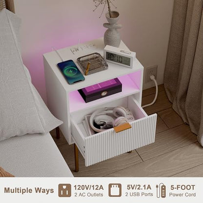 Modern Nightstand with Charging Station and LED Lights, White Bedside Table with Drawer, Fluted Side Table for Living Room, Bedroom - color: White