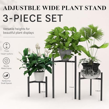 3-Pack Metal Plant Stands Indoor, Adjustable Flower Pot Holder Set, Modern Plant Shelf for Living Room Balcony Patio Office Corner (Fits 8-12 Inch Pots)