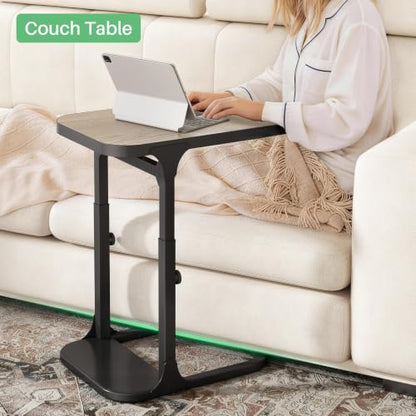 Kitstorack Height Adjustable End Table, Small Side Table for Couch, Sofa Table with Metal Frame for Living Room, Bedroom, Bedside C Shaped Table,Greige - color: Greige