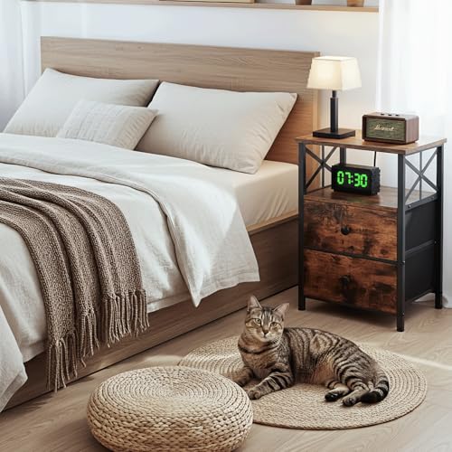 AMHANCIBLE Nightstands Set of 2, Large Night Stand with Charging Station | Bedside Table, 2 Fabric Drawers, End Side Tables Living Room, with Open Shelf, USB Ports Outlets, for Bedroom, Rustic Brown - color: Rustic Brown