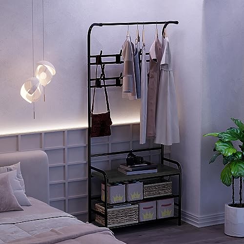 4-in-1 Hall Tree with Shoe Storage Bench, Narrow Entryway Coat Rack and Shoe Bench, Mudroom Shelves with 8 Hooks, Hanging Bar, Gray