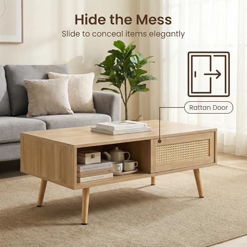 Meihua Rattan Coffee Table with Sliding Door Storage, Mid Century Modern Center Table with Open Shelf and Hidden Compartment, Natural Wood Coffee Table with Solid Wood Legs for Living Room, Apartment - color: Natural
