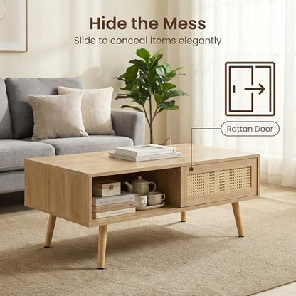 Meihua Rattan Coffee Table with Sliding Door Storage, Mid Century Modern Center Table with Open Shelf and Hidden Compartment, Natural Wood Coffee Table with Solid Wood Legs for Living Room, Apartment - color: Natural