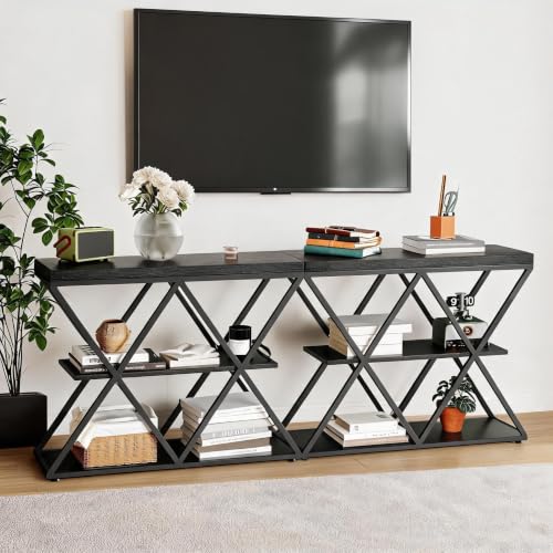 Garvee 3 Tier Console Table,39" Industrial Entryway Table,Open Wood Shelves | Sofa Table,Narrow Wood Accent Tables with Metal Frame for Hallway,Living Room,Behind Couch,Foyer,Entrance,Black - color: Black + X-shaped