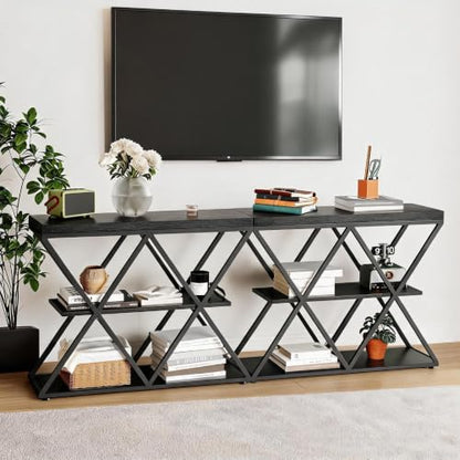 Garvee 3 Tier Console Table,39" Industrial Entryway Table,Open Wood Shelves | Sofa Table,Narrow Wood Accent Tables with Metal Frame for Hallway,Living Room,Behind Couch,Foyer,Entrance,Black - color: Black + X-shaped