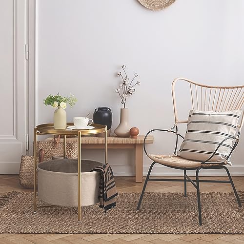 danpinera Gold Side Table with Basket, Small Round Table for Living Room | Metal Modern Nightstand for Small Space, Bedroom, Nursery, Accent Metal Stand with Removable Serving Tray, 20.47 in Tall - color: Gold