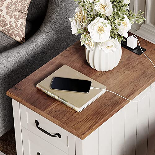 WAMPAT White End Table with Charging Station, Wood Side Table with 1 Drawer &1 Storage Cabinet, Mid Century Modern Nightstand with Power Outlets & USB Ports for Living Room, Bedroom - color: Off White