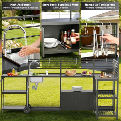 LEVELEVE Modular Outdoor Kitchen Island 5-Piece Set, Aluminum Outdoor Prep Station Grill Cart with Independent Sink, Storage Cabinets & Shelves for Backyard Patio Deck - size: 5-Pieces Set