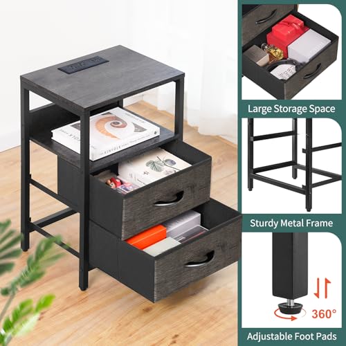 Yoobure Nightstand with Charging Station, LED Night Stand with Fabric Drawers and Storage Shelf for Bedroom, Nightstands Bedside Tables with USB Ports & Outlets, Small Night Stands, Bed Side Table - color: Charcoal Gray