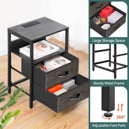 Yoobure Nightstand with Charging Station, LED Night Stand with Fabric Drawers and Storage Shelf for Bedroom, Nightstands Bedside Tables with USB Ports & Outlets, Small Night Stands, Bed Side Table - color: Charcoal Gray