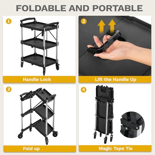 DWVO 3-Tier Foldable Service Cart with Swivel Wheels & Brake, 350LBS | Folding Utility Cart Heavy Duty Collapsible Rolling Cart, 350LBS Portable Utility Cart for Kitchen, Warehouse, Garage - size: 350 LBS