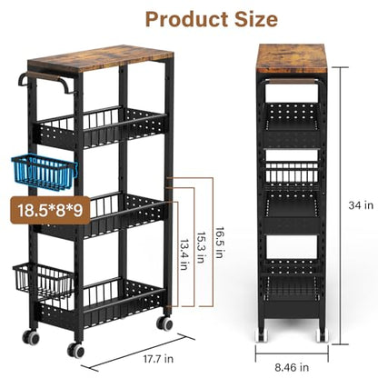 7.8 Inch Ultra-Slim 4-Tier Rolling Storage Cart with Adjustable Shelves - Lockable Wheels & Wooden Top for Narrow Spaces Between Washer/Dryer, Bathroom, Kitchen Organization (Black) - color: Black