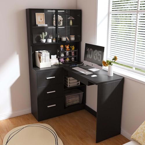 HRVEOCEI Black L Shaped Desk with Keyboard Tray & Power Outlet, Home Office Desk with Storage/LED Lights, Corner Computer Desks with Drawers/Glass Cabinets for Study Room Corporate Workspaces (Black) - color: Black