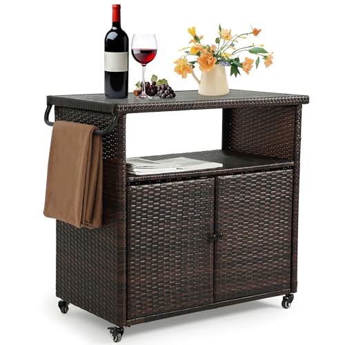 HOMEFUN Outdoor Bar Cart with Storage Cabinet - Outside Bar Table with Wheels Wicker Grill Carts Patio Kitchen Island Table Weatherproof Prep Stand, Brown - color: 09-brown