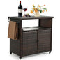 HOMEFUN Outdoor Bar Cart with Storage Cabinet - Outside Bar Table with Wheels Wicker Grill Carts Patio Kitchen Island Table Weatherproof Prep Stand, Brown - color: 09-brown