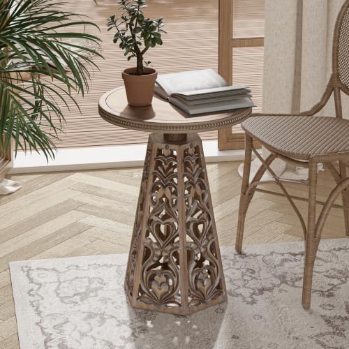 COZAYH Rustic Distressed End Table with Carved Floral Patterns, Wood Grey | Farmhouse Wooden Round Accent Table, Vintage Drink Table for Living Room, Bedroom, or Entryway, Boho, Distressed Wood Color